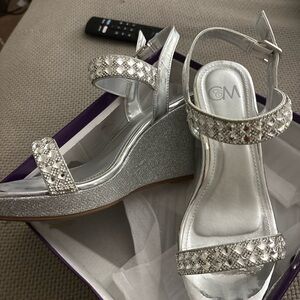 Silver Wedge Sandals with Rhinestone Accents
